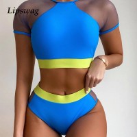 2021 Sexy Mesh Patchwork Bikini Swimwear Women Push Up High Waist Bikini Set Swimsuit Female New Two-Piece Biquini Bathing Suit